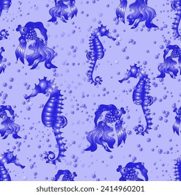 Seamless pattern with goldfish, seahorses. Underwater world. Vector seamless pattern.