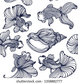 seamless pattern of goldfish and seashells ,hand drawing, vector illustration