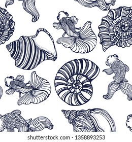 seamless pattern of goldfish and seashells ,hand drawing, vector illustration