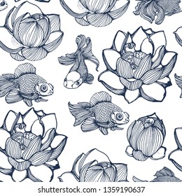 seamless pattern ,goldfish and water lilies, vector,hand drawing