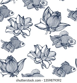 seamless pattern ,goldfish and water lilies, vector hand drawing