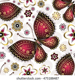 Seamless pattern with gold-purple vintage butterflies and flowers, vector