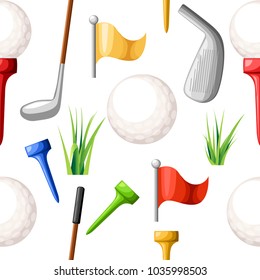 Seamless pattern of golf balls on different color tee and various golf clubs green grass golf course vector illustration isolated on white background web site page and mobile app design