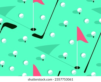 Seamless pattern with golf balls on the rack, clubs, holes and red flags. Background for golf club. Design for typography, banners and posters, promotional items. Vector illustration