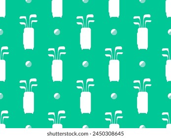 Nahtloses Muster mit Golfschlägern in einer Tasche und Golfbällen. Weiße Silhouetten von Taschen mit Golfschlägern auf grünem Hintergrund. Golfausrüstung. Design von Bannern und Plakaten. Vektorillustration