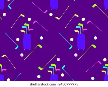 Seamless pattern with golf clubs in a bag and golf balls. White silhouettes of bags with golf clubs on a purple background. Golf equipment. Design of banners and posters. Vector illustration