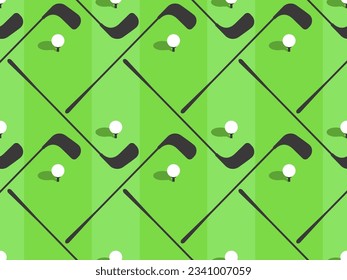 Seamless pattern with golf clubs and balls on a green field. Golf club and golf ball in minimalist style. Design of typography, banners and posters, advertising products. Vector illustration