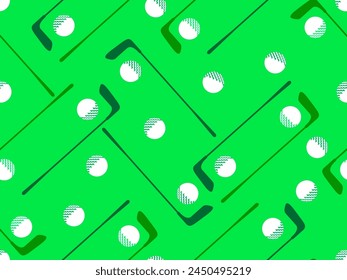 Patrón sin fisuras con palos de golf y pelotas en un campo verde. Club de golf y pelota de golf en estilo minimalista. Diseño de tipografía, Anuncios y carteles, productos publicitarios. Ilustración vectorial