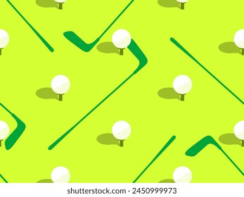 Seamless pattern with golf clubs and balls on a green field. Golf club and golf ball in minimalist style. Design of typography, banners and posters, advertising products. Vector illustration