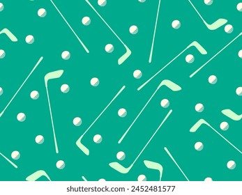 Seamless pattern with golf clubs and balls on a green field. Golf club and golf ball in minimalist style. Design of typography, banners and posters, advertising products. Vector illustration