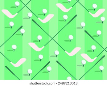 Seamless pattern with golf clubs and balls on a green field. Golf club and golf ball in minimalist style. Design of typography, banners and posters, advertising products. Vector illustration