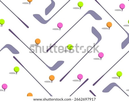 Seamless pattern with golf clubs and colored balls on a white background. Golf club and golf ball in minimalist style. Design of typography, banner and poster, advertising product. Vector illustration