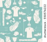 Seamless pattern with golf equipment, hand drawn icons set. Blue and white illustration with cartoon objects. Decorative wallpaper, good for printing. Background design, sport icon