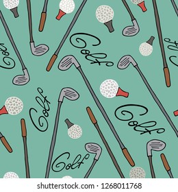 Seamless pattern with golf equipment, hand drawngrunge set. Grey and red illustration with cartoon objects for site header, wallpaper, good for printing.