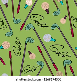 Seamless pattern with golf equipment, hand drawngrunge set. Grey and red illustration with cartoon objects for site header, wallpaper, good for printing.