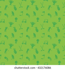 Seamless Pattern With Golf Icons, Green Seamless Background, Golf Cart, Clubs, Ball, Golfer, Golf Bag, Vector Illustration