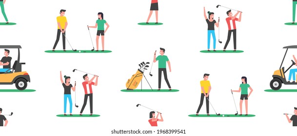 Seamless pattern with golf players. Golfer sports equipment. flat style. isolated on white background