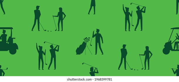 Seamless pattern with golf players. Golfer sports equipment. flat style. isolated on green background