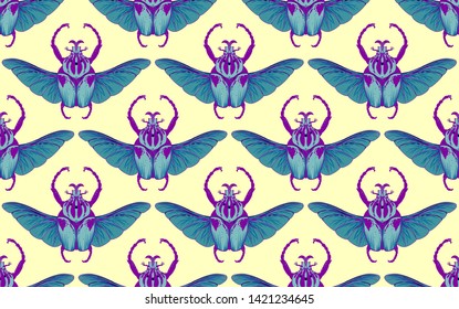 Seamless pattern with goliath beetle. Vector illustration