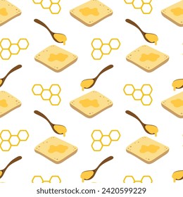 seamless pattern with good morning in cartoon style, print of toast, spoon with honey and honeycomb, flat vector illustration