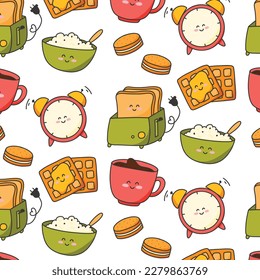 Seamless pattern with good morning in kawaii style. Print with porridge, tea and waffles. Vector illustration. Cartoon style.