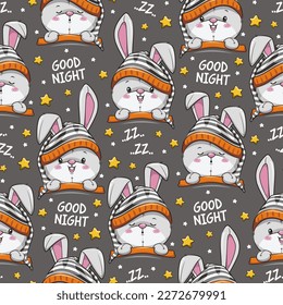 Seamless Pattern Good Night Bunny, Cute Rabbit Sleeping Cartoon Illustration