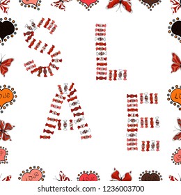 Seamless pattern. Good for social media, email, print, ads design and promotional material. For sale web banners, posters. Picture in black, red and white colors. Vector illustration.