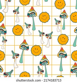 Seamless pattern good vibe 70s psychedelic groovy trip with mushrooms and smiley. Hippie style pattern