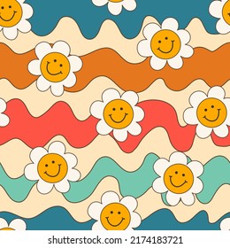 Seamless pattern good vibe 70s psychedelic groovy daisy and waves. Groovy pattern in hippie style
