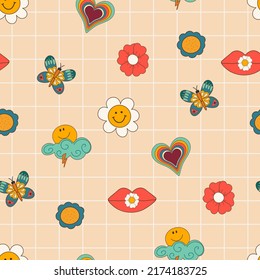 Seamless pattern good vibe 70s psychedelic groovy trippy with hippie style elements. Psychedelic daisy pattern