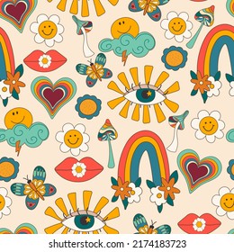 
Seamless pattern of good vibes of 70s psychedelic groovy trippy. Groovy pattern with eyes in hippie style
