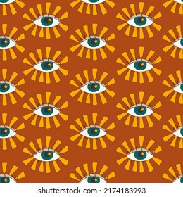 Seamless pattern of good vibes of 70s psychedelic groovy trippy. Groovy pattern with eyes in hippie style 
