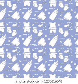 Seamless pattern with goods for babies. Newborn baby background. Baby bottle, nipple, socks, diapers, bodysuit.