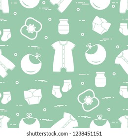 Seamless pattern with goods for babies. Newborn baby background. Bib, baby food can, rattle, socks, diapers, bodysuit.
