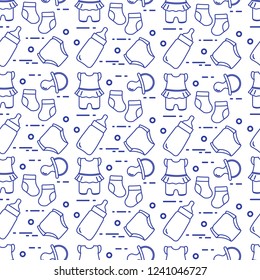 Seamless pattern with goods for babies. Newborn baby background. Baby bottle, nipple, socks, diapers, bodysuit.