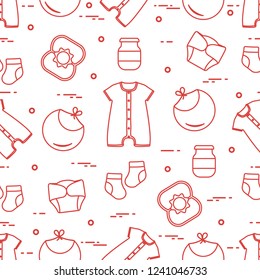 Seamless pattern with goods for babies. Newborn baby background. Bib, baby food can, rattle, socks, diapers, bodysuit.