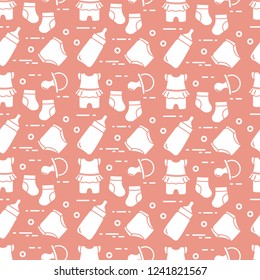 Seamless pattern with goods for babies. Newborn baby background. Baby bottle, nipple, socks, diapers, bodysuit.