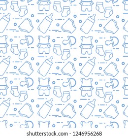 Seamless pattern with goods for babies. Newborn baby background. Baby bottle, nipple, socks, diapers, bodysuit.