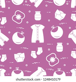 Seamless pattern with goods for babies. Newborn baby background. Bib, baby food can, rattle, socks, diapers, bodysuit.