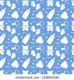 Seamless pattern with goods for babies. Newborn baby background. Baby bottle, nipple, socks, diapers, bodysuit.