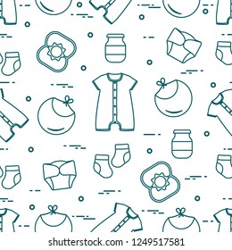 Seamless pattern with goods for babies. Newborn baby background. Bib, baby food can, rattle, socks, diapers, bodysuit.