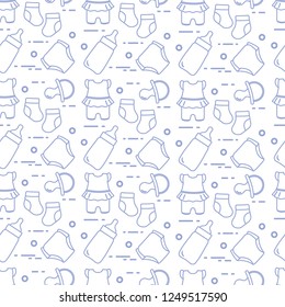 Seamless pattern with goods for babies. Newborn baby background. Baby bottle, nipple, socks, diapers, bodysuit.