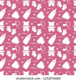 Seamless pattern with goods for babies. Newborn baby background. Baby bottle, nipple, socks, diapers, bodysuit.