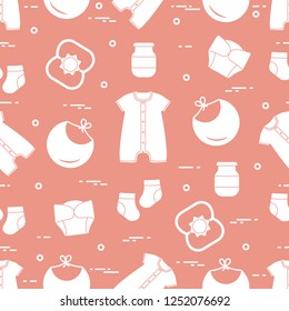Seamless pattern with goods for babies. Newborn baby background. Bib, baby food can, rattle, socks, diapers, bodysuit.