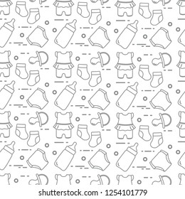 Seamless pattern with goods for babies. Newborn baby background. Baby bottle, nipple, socks, diapers, bodysuit.