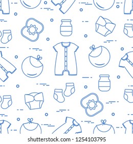 Seamless pattern with goods for babies. Newborn baby background. Bib, baby food can, rattle, socks, diapers, bodysuit.