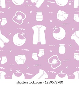 Seamless pattern with goods for babies. Newborn baby background. Bib, baby food can, rattle, socks, diapers, bodysuit.