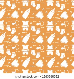 Seamless pattern with goods for babies. Newborn baby background. Baby bottle, nipple, socks, diapers, bodysuit.