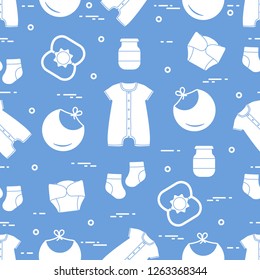 Seamless pattern with goods for babies. Newborn baby background. Bib, baby food can, rattle, socks, diapers, bodysuit.