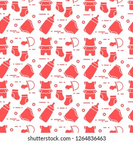Seamless pattern with goods for babies. Newborn baby background. Baby bottle, nipple, socks, diapers, bodysuit.